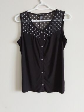Black Polka Dot Yoke Sleeveless Button-Front Top -